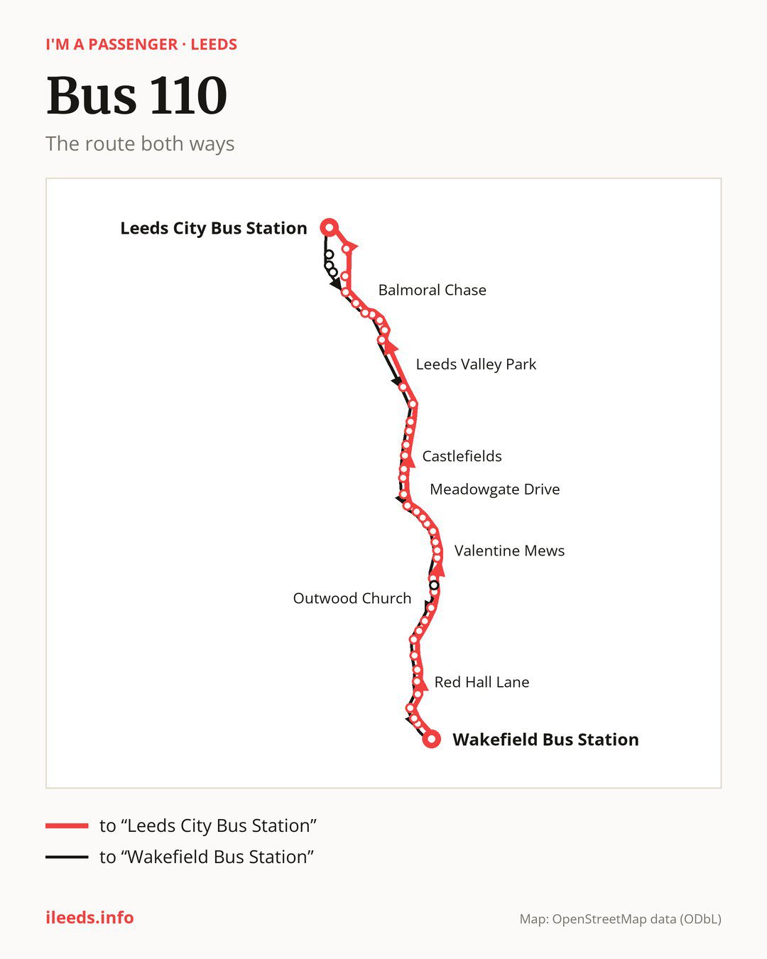 Bus route 110 in Leeds on the map: the route both ways