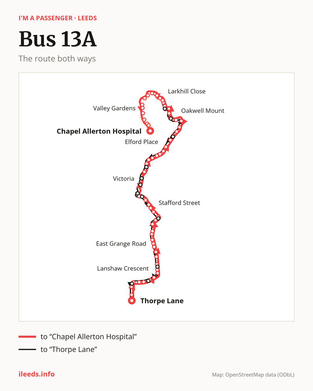 Bus route 13A in Leeds on the map: the route both ways