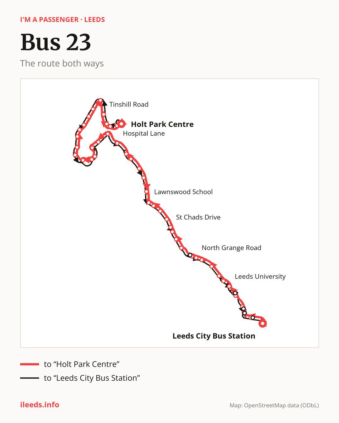 Bus route 23 in Leeds on the map: the route both ways