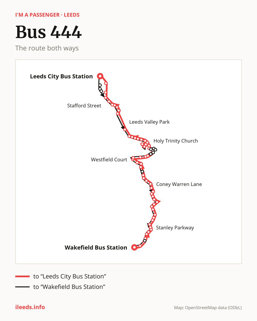 Bus route 444 in Leeds on the map: the route both ways