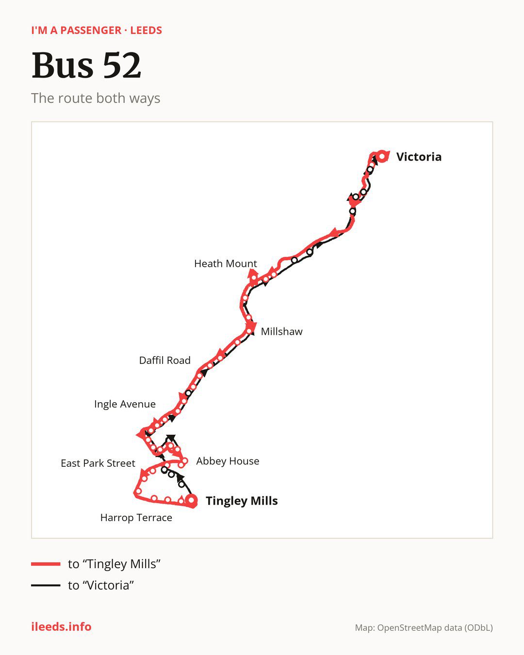 Bus route 52 in Leeds on the map: the route both ways