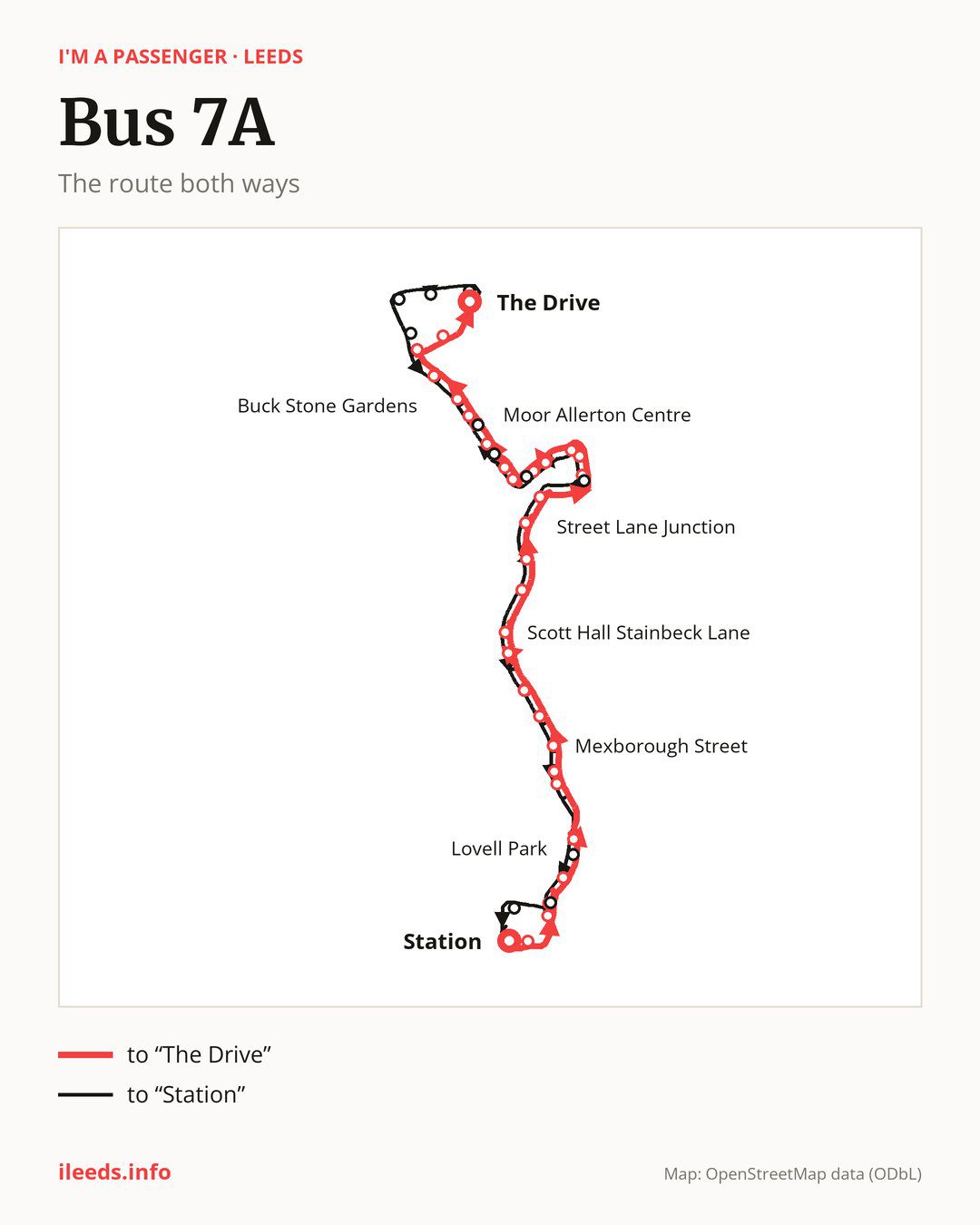 Bus route 7A in Leeds on the map: the route both ways