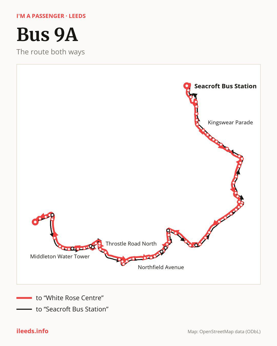 Bus route 9A in Leeds on the map: the route both ways